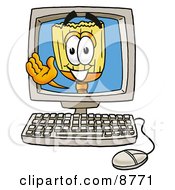 Broom Mascot Cartoon Character Waving From Inside A Computer Screen