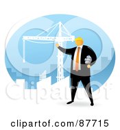 Royalty Free RF Clipart Illustration Of A Professional Architect Holding Plans And Looking Out At A Construction Crane In A City by Qiun