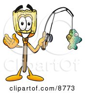 Broom Mascot Cartoon Character Holding A Fish On A Fishing Pole