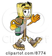 Clipart Picture Of A Broom Mascot Cartoon Character Hiking And Carrying A Backpack by Toons4Biz