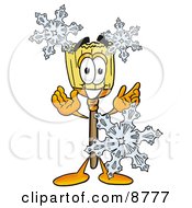 Clipart Picture Of A Broom Mascot Cartoon Character With Three Snowflakes In Winter by Toons4Biz