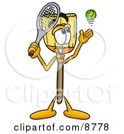 Clipart Picture Of A Broom Mascot Cartoon Character Preparing To Hit A Tennis Ball by Toons4Biz