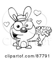 Royalty Free RF Clipart Illustration Of A Sweet Outlined Bunny Holding A Bouquet Of Valentines Flowers
