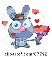 Poster, Art Print Of Sweet Blue Bunny Holding A Bouquet Of Valentines Flowers