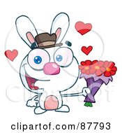 Poster, Art Print Of Sweet White Bunny Holding A Bouquet Of Valentines Flowers