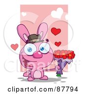 Poster, Art Print Of Romantic Pink Bunny Holding A Bouquet Of Valentines Flowers