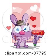 Poster, Art Print Of Romantic Purple Bunny Holding A Bouquet Of Valentines Flowers