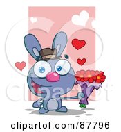 Poster, Art Print Of Romantic Blue Bunny Holding A Bouquet Of Valentines Flowers