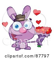 Poster, Art Print Of Sweet Purple Bunny Holding A Bouquet Of Valentines Flowers