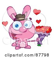 Poster, Art Print Of Sweet Pink Bunny Holding A Bouquet Of Valentines Flowers