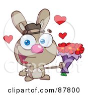 Poster, Art Print Of Sweet Brown Bunny Holding A Bouquet Of Valentines Flowers
