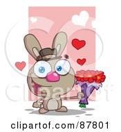 Poster, Art Print Of Romantic Brown Bunny Holding A Bouquet Of Valentines Flowers