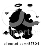 Poster, Art Print Of Black Silhouetted Cupid Flying With An Arrow Halo And Hearts