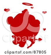 Poster, Art Print Of Red Cupid Silhouette Flying With An Arrow Halo And Hearts