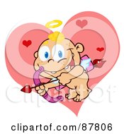 Royalty Free RF Clipart Illustration Of A Flying Cupid Baby Ready To Do Some Match Making In Front Of A Pink Heart