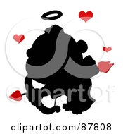Poster, Art Print Of Black Cupid Silhouette Flying With An Arrow Halo And Red Hearts