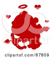Poster, Art Print Of Red Silhouetted Cupid Flying With An Arrow Halo And Hearts