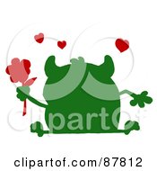 Poster, Art Print Of Green Silhouetted Monster Holding A Red Flower With Red Hearts