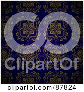 Royalty Free RF Clipart Illustration Of A Seamless Wallpaper Background Of Golden Floral Designs On Blue