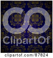 Poster, Art Print Of Seamless Wallpaper Background Of Golden Floral Designs On Blue