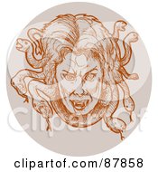 Royalty Free RF Clipart Illustration Of A Sketched Medusa Head With Snakes Over A Beige Circle by patrimonio