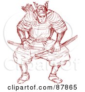 Poster, Art Print Of Red Sketch Of A Frontal View Of A Samurai Warrior