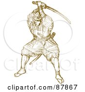 Poster, Art Print Of Brown Sketch Of A Samurai Warrior Striking With A Sword