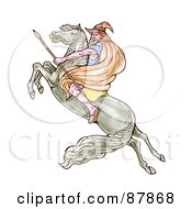 Royalty Free RF Clipart Illustration Of A Male Wizard Carrying A Spear And Riding On A Leaping Horse by patrimonio
