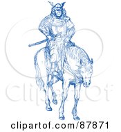 Poster, Art Print Of Blue Sketch Of A Samurai Warrior On Horseback