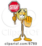 Clipart Picture Of A Broom Mascot Cartoon Character Holding A Stop Sign by Toons4Biz
