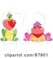 Royalty Free RF Clipart Illustration Of A Digital Collage Of Pink And Green Dragons Holding Shiny Red Hearts by yayayoyo