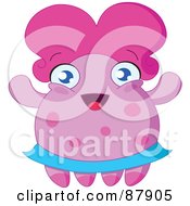 Poster, Art Print Of Cute Pink Monster With A Blue Skirt And Big Hair