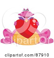 Poster, Art Print Of Cute Pink Dragon Holding A Shiny Red Heart