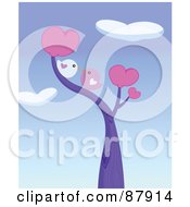 Poster, Art Print Of Cute Love Birds Smooching In A Heart Tree Under Heart Clouds