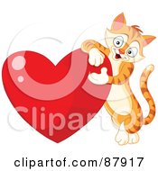 Poster, Art Print Of Cute Ginger Cat Leaning On A Shiny Red Heart