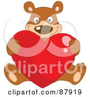 Royalty Free RF Clipart Illustration Of A Sweet Bear Sitting And Holding Up A Large Red Shiny Heart by yayayoyo