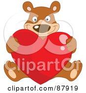 Poster, Art Print Of Sweet Bear Sitting And Holding Up A Large Red Shiny Heart