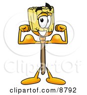 Broom Mascot Cartoon Character Flexing His Arm Muscles