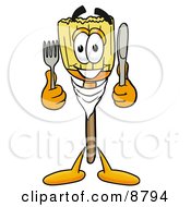 Broom Mascot Cartoon Character Holding A Knife And Fork