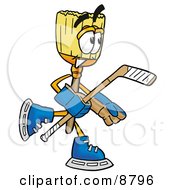 Clipart Picture Of A Broom Mascot Cartoon Character Playing Ice Hockey
