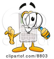 Clipart Picture Of A Calculator Mascot Cartoon Character Looking Through A Magnifying Glass by Toons4Biz