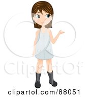 Poster, Art Print Of Cute Brunette Girl In Boots And A Dress Presenting With Her Hand