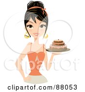 Royalty Free RF Clipart Illustration Of A Gorgeous Brunette Woman Holding A Tiered Birthday Cake In Hand by Melisende Vector #COLLC88053-0068