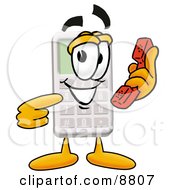Calculator Mascot Cartoon Character Holding A Telephone