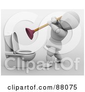 3d White Character Tackling A Clogged Toilet With A Plunger