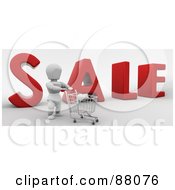 Poster, Art Print Of 3d White Character And Shopping Cart In Front Of Sale