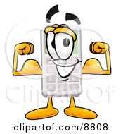 Poster, Art Print Of Calculator Mascot Cartoon Character Flexing His Arm Muscles
