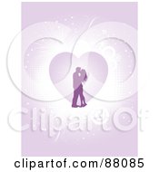 Royalty Free RF Clipart Illustration Of A Purple Silhouetted Couple Over A Heart With Halftone Circles And Vines Over Purple
