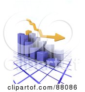Royalty Free RF Clipart Illustration Of A Yellow 3d Arrow Above A Declining Bar Graph On Blue Grid Lines by KJ Pargeter
