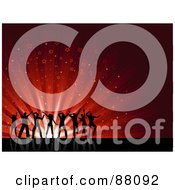 Poster, Art Print Of Silhouetted Young People Dancing Over A Red Starry Burst Background On Reflective Black